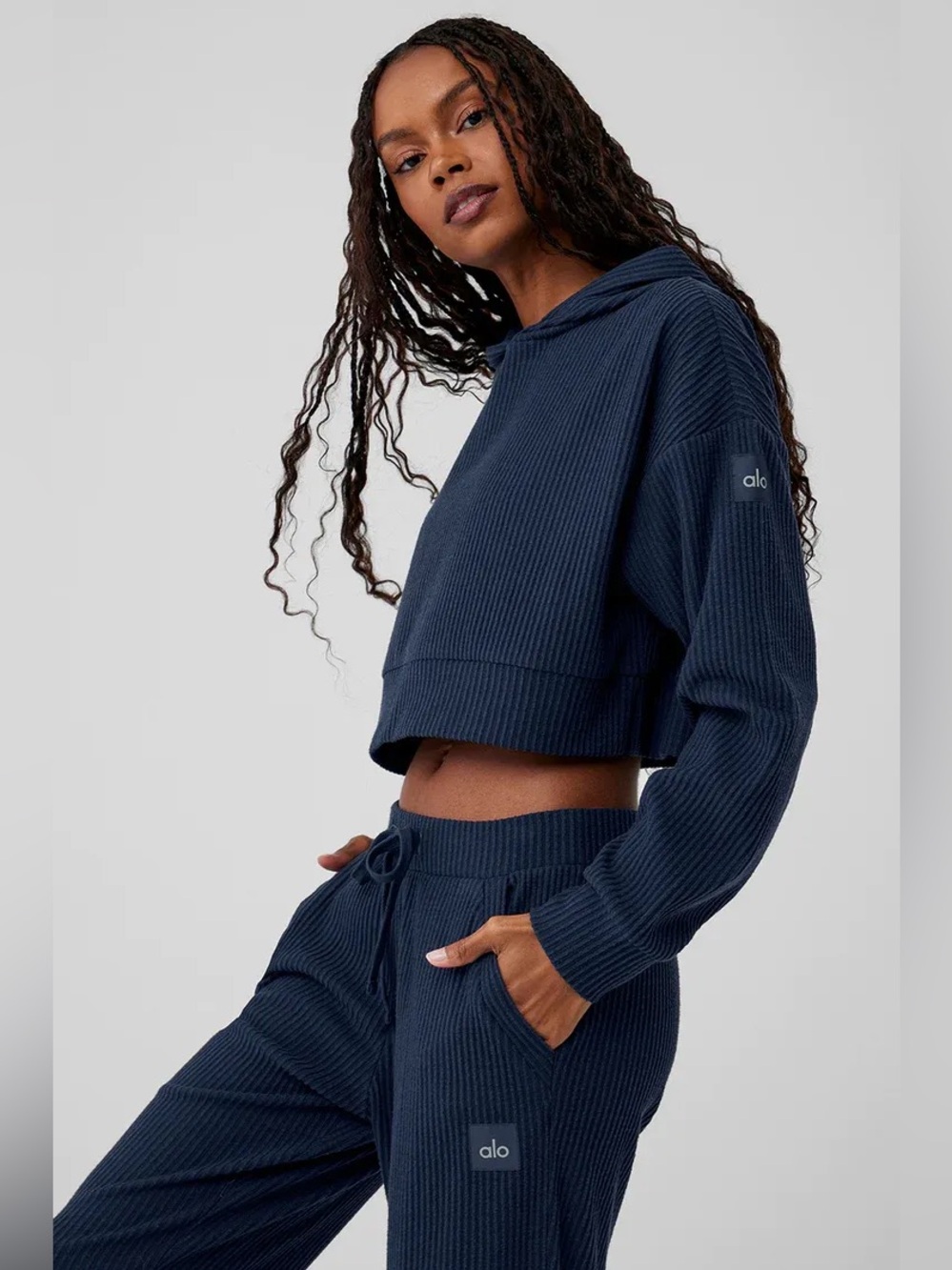 ALO Yoga Muse Navy Ribbed Cropped Hoodie Sweater